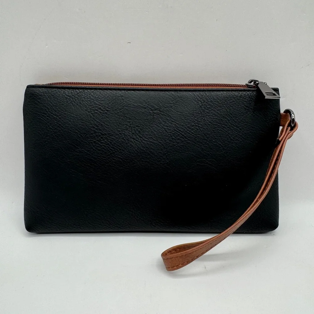 Bostanten Wristlet Clutch Womens Black Brown Faux Leather Two Tone Slim Bag